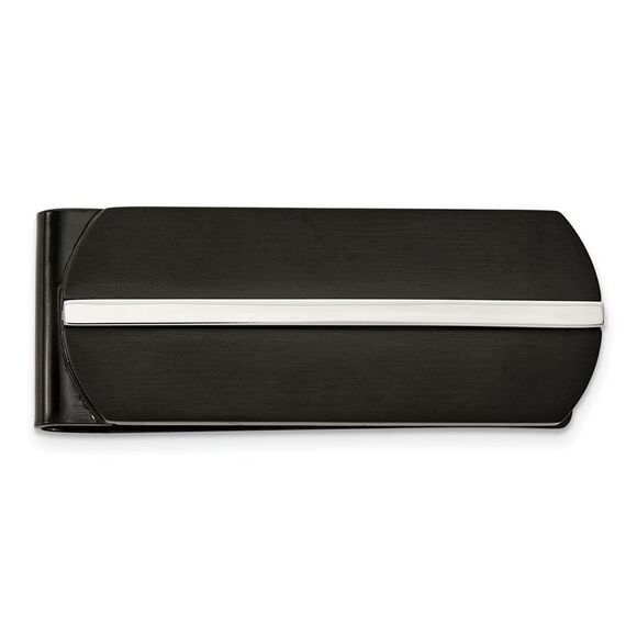 Men's Stainless Steel & Black Plated Striped Fold Over Money Clip - Picture 1 of 5